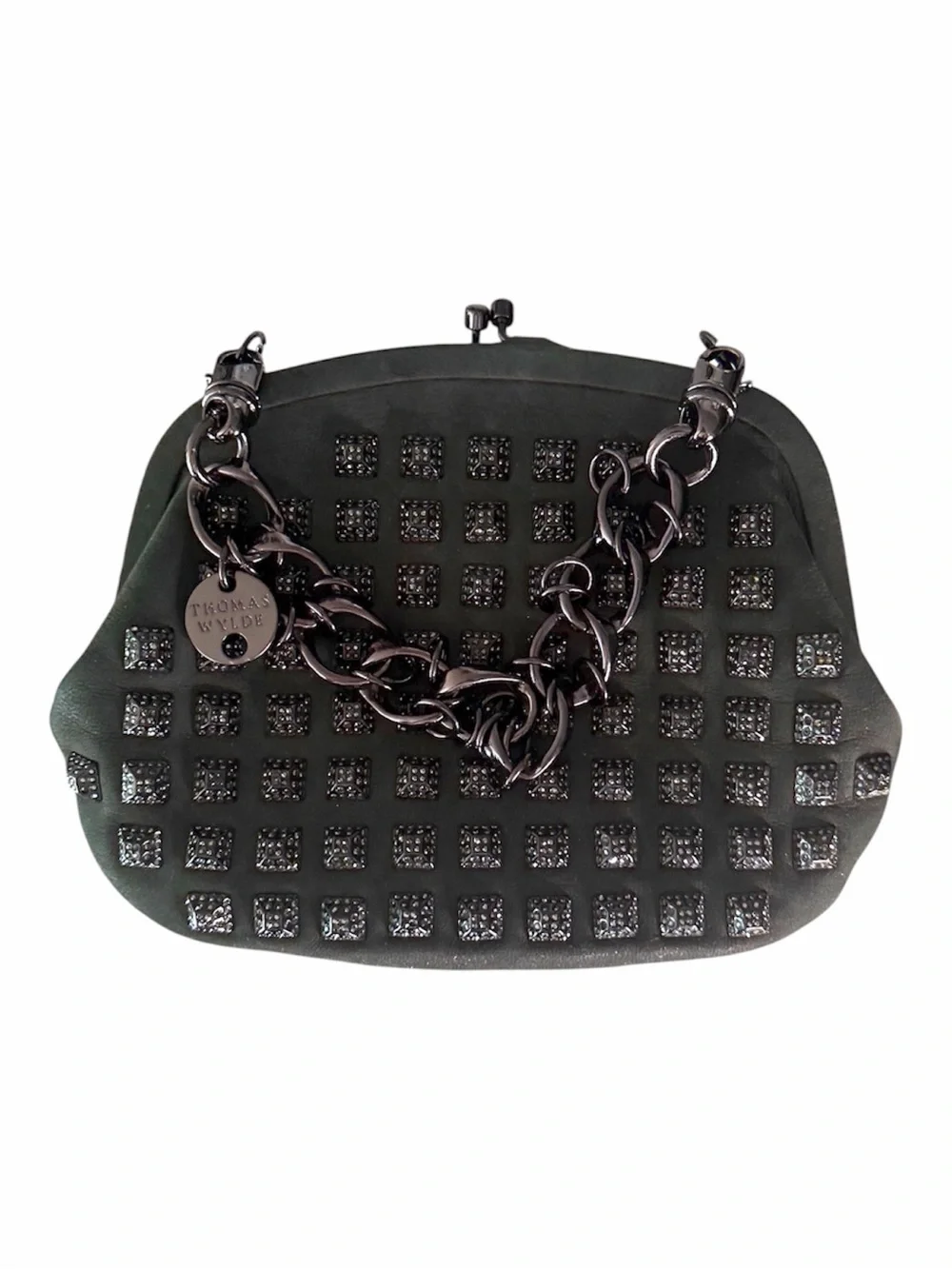 Thomas Wylde Menace Studded Black Clutch Wristlet Lambskin Chain Strap Bag